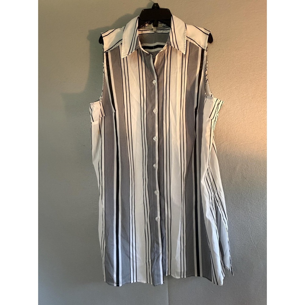 Joan Vass Button Up Shirt Womens XL White Black Stripe Sleeveless Tunic Top
